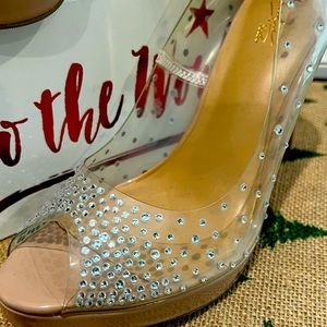 Thalia Sodi clear & nude rhinestone holiday or special occasion heels